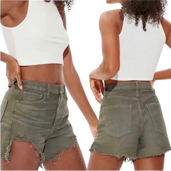 American Eagle Outfitters Pants - American Eagle Shorts Sz 0 Army Green Denim Distressed Highest Rise Mom Shorts